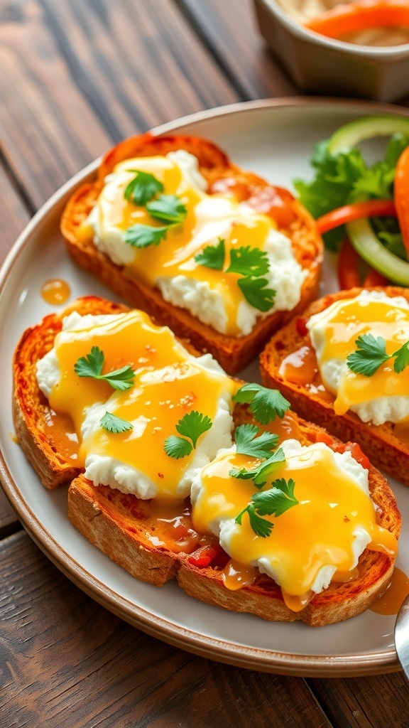 Crispy toast topped with queso cottage cheese and garnished with cilantro on a wooden table.